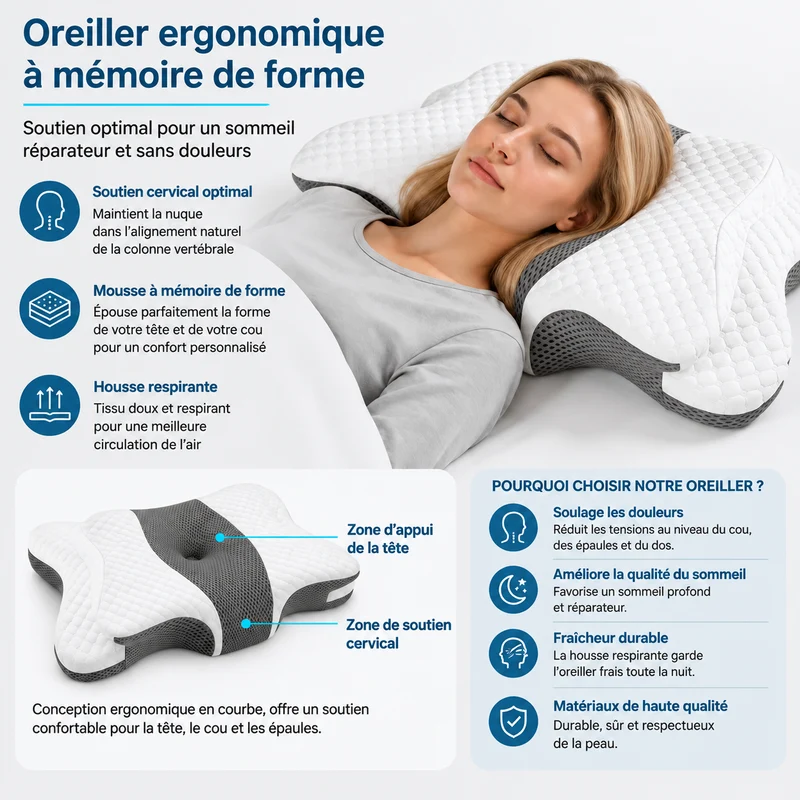 Oreiller Cervical Ergonomique à Mémoire de Forme
