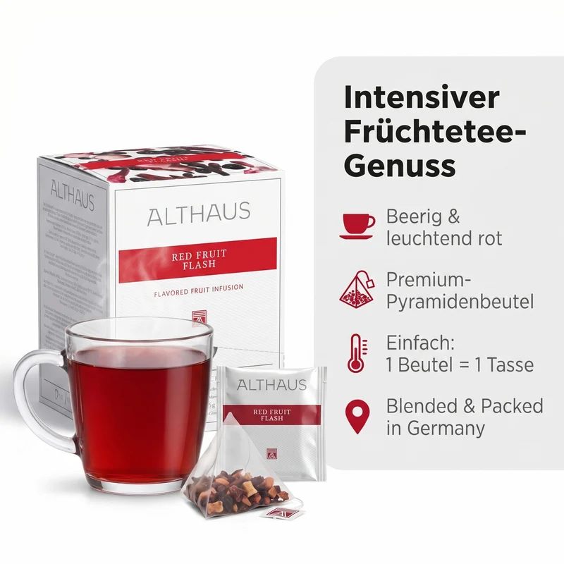 Althaus Früchtetee Red Fruit Flash, aromatisierte Fruchtinfusion in Pyramiden-Teebeuteln, einzeln verpackt, abbaubare Pyra-Packs, rote Tassenfarbe, Blended & Packed in Germany