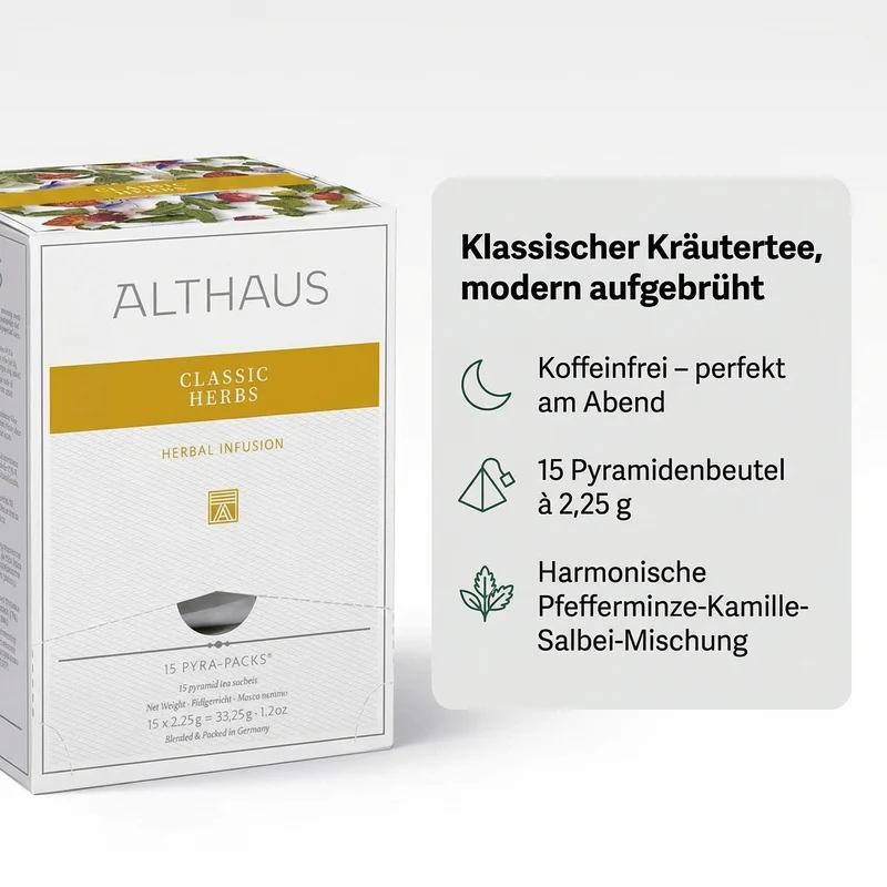 ALTHAUS Kräutertee Classic Herbs, koffeinfrei im Pyramidenbeutel, Pfefferminze-Kamille-Salbei harmonisch abgestimmt, 15 × 2,25 g = 33,75 g, in Deutschland gemischt & verpackt
