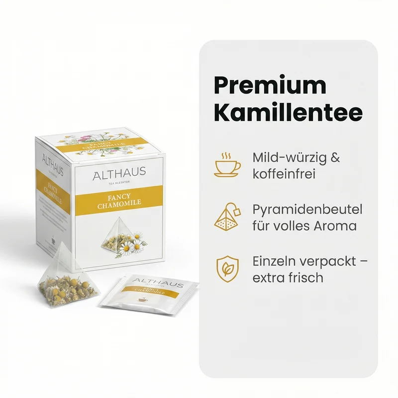 Althaus Kamillentee Fancy Chamomile, Kräutertee im Pyramidenbeutel mit Zitronenverbene, Hagebutte & Zimt, koffeinfrei, 100% abbaubare Beutel, in Deutschland gemischt & verpackt