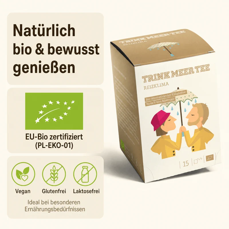 TRINK MEER TEE REIZKLIMA Bio Kräutertee, mit Meersalz und Ingwer, vegan, glutenfrei, laktosefrei, handgenähte Kissenteebeutel, maritimes Design