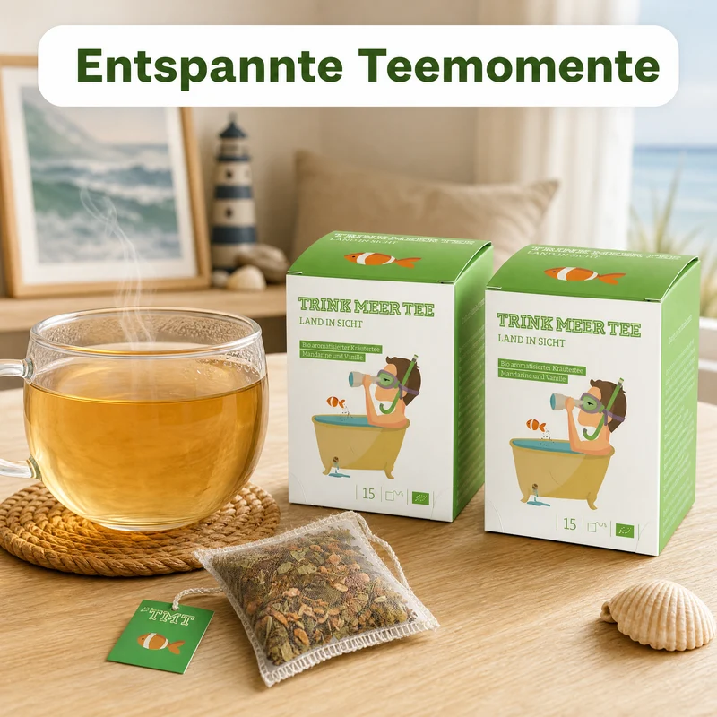 Trink Meer Tee LAND IN SICHT Bio Kräutertee Mandarine Vanille, 15 Kissenbeutel, Fruchtiger Premium Früchtetee mit Sanddorn, Fenchel & Melisse – handgenähte Kissenbeutel