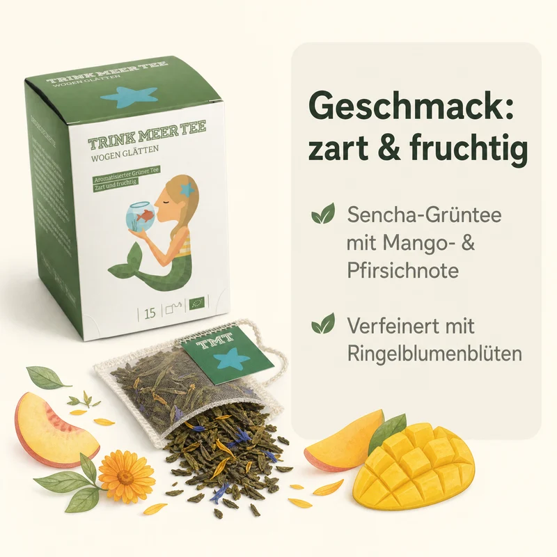 Trink Meer Tee - Wogen glätten - Bio Grüner Tee - Beutel 15 x 3g Grüner Sencha, Mango Pfirsich
