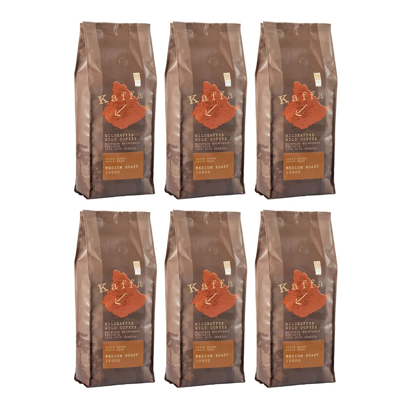 Bio Wildkaffee, Medium, ganze Bohne, 100% Arabica, 6 x 1kg Vorteilspack von Kaffa
