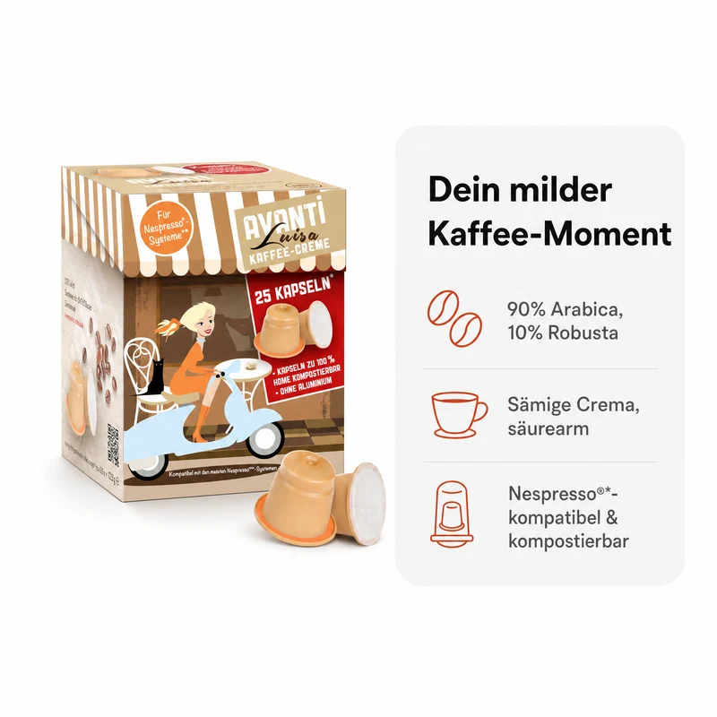 AVANTI Kapseln Luisa – kompatible Kaffeekapseln, 25 Stück, 90% Arabica 10% Robusta, säurearm und mild, ohne Aluminium, 100% home‑kompostierbar, 6 g pro Kapsel, dichte Crema