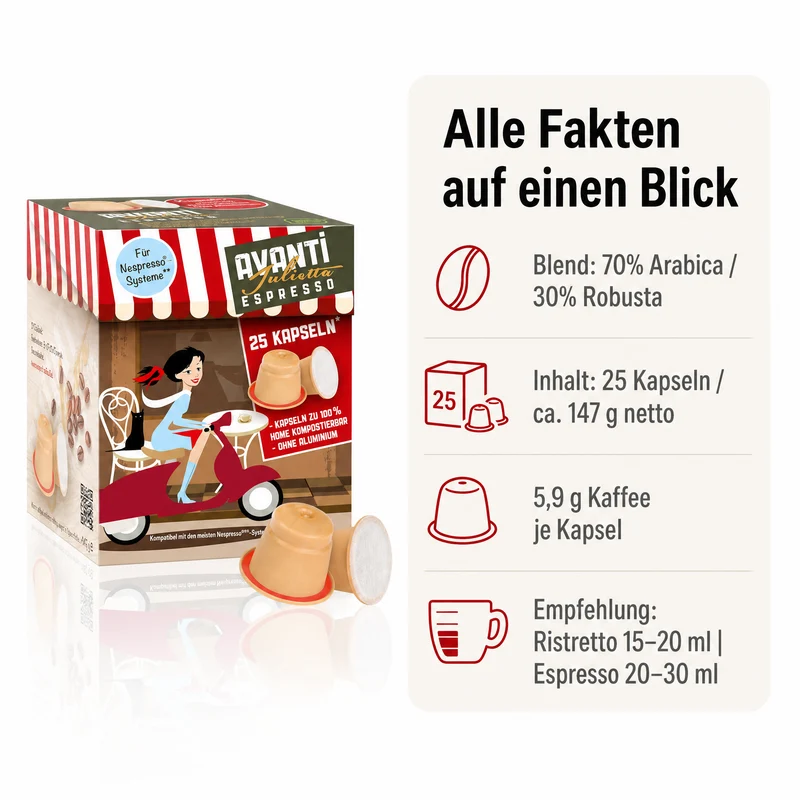 AVANTI Kapseln Espresso Julietta, 70% Arabica 30% Robusta, kräftige Crema und geringe Säure, kompostierbare Kapseln ohne Aluminium, kompatibel mit Nespresso Original, 25 Stück