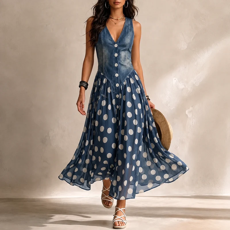 Robe Fluide à Pois Femme