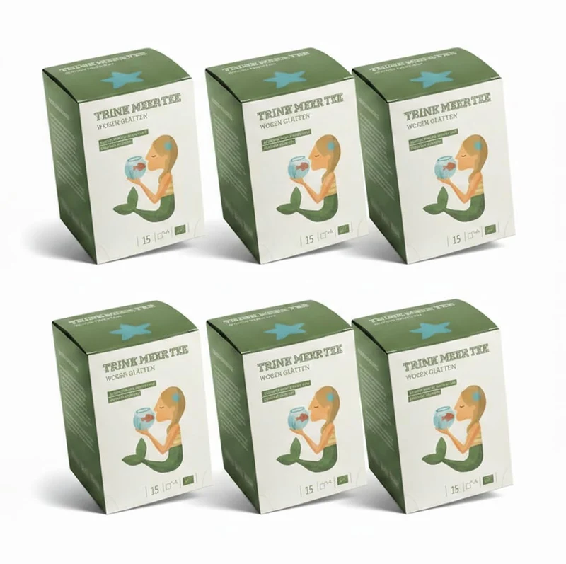 6 x Trink Meer Tee Wogen Glätten, Premium Grüner Sencha, Mango Pfirsich | Handgenähte Kissenbeutel mit aromatisiertem Sencha – ein entspannender Genussmoment als Tee-Geschenkset mit maritimem Design