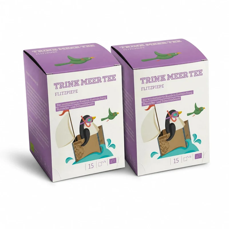 Doppelset Trink Meer Tee Flitzpiepe, Premium Rooibos Tee, 2x15 Kissenbeutel | Koffeinfreier Premium Früchtetee mit Holunder und Johannisbeere – vegan, glutenfrei, laktosefrei, für jeden Moment