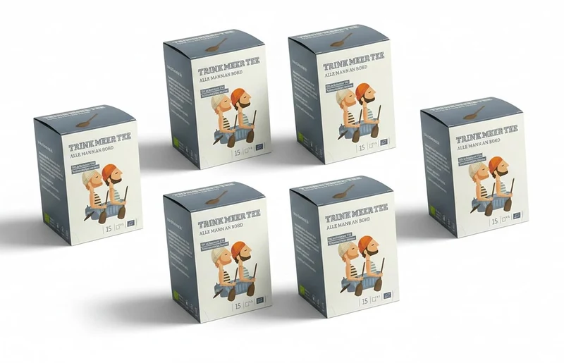 6 x Trink Meer Tee Premium Schwarzer Tee, Alle Mann an Bord, Assam Tee hocharomatisch malzig-feinwürzig, 6er Pack mit 90 handgenähten Kissenbeuteln à 3 g, 270 g, maritimes Geschenk