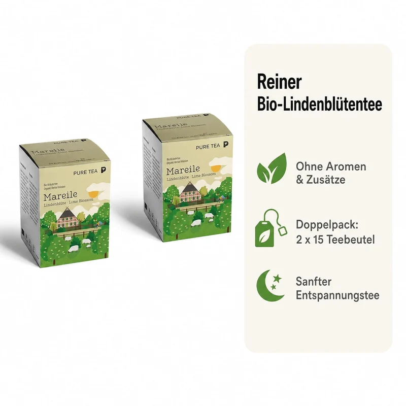 2 Pack Mareile Premium-Lindenblütentee, 30 Teebeutel, Kräutertee Geschenk | Reiner Entspannungstee ohne Aromen, handgenähte Kissenbeutel, EU-zertifiziert – ein schönes Geschenk für Teeliebhaber