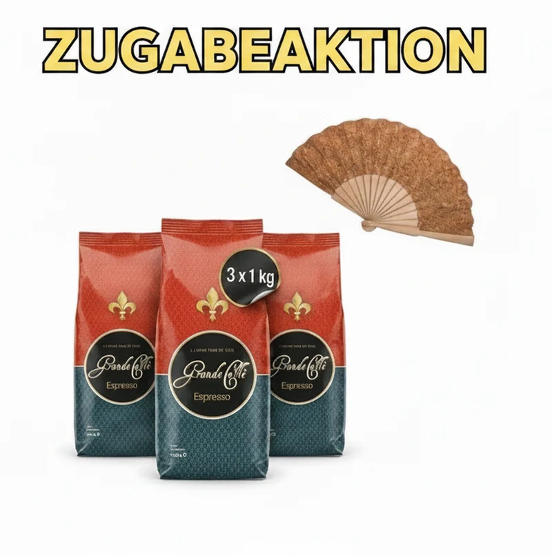 Grande Caffè Kaffeebohnen Espresso, ganze Bohnen 80% Arabica 20% Robusta, würzig-nussiges Aroma, traditionelle Trommelröstung, 3 x 1 kg + Handfächer (Zugabe-Aktion)