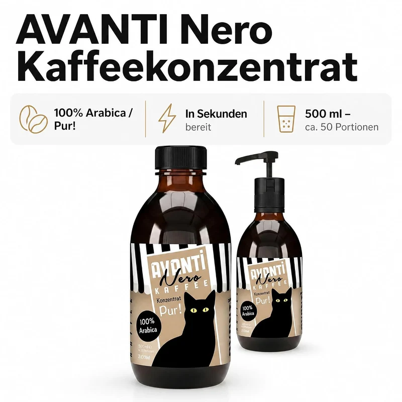 AVANTI Nero Kaffeekonzentrat Pur, 100% Arabica, 500 ml, ca. 50 Portionen | Flüssiges Kaffeekonzentrat für Eiskaffee, Cold Brew, Latte & mehr – präzise dosiert mit Pumpspender