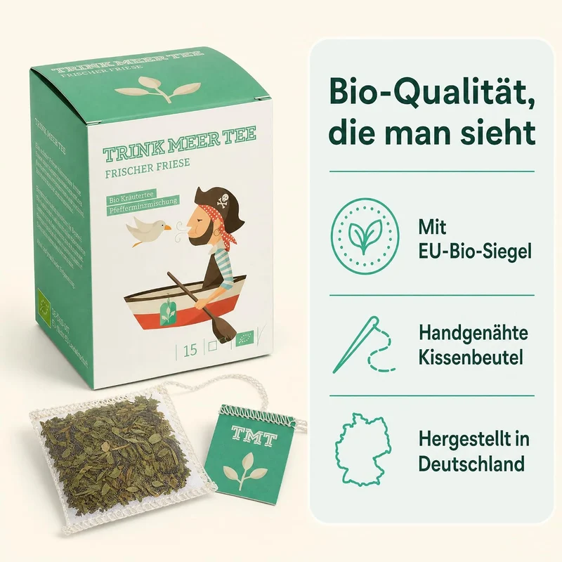 6 x Trink Meer Tee Pfefferminztee Frischer Friese Premium Kräutertee in Teebeuteln, erfrischend und aromatisch, handgenähte Kissenbeutel aus Netzmaterial, maritimes Design