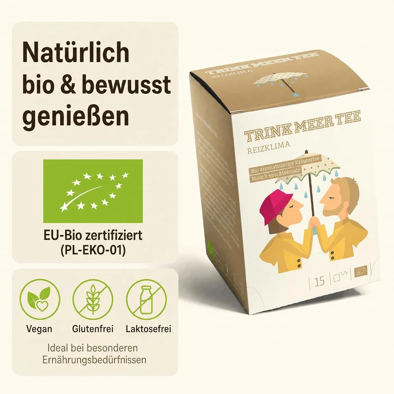 6 x TRINK MEER TEE REIZKLIMA Premium Kräutertee, mit Meersalz und Ingwer, vegan, glutenfrei, laktosefrei, handgenähte Kissenteebeutel, maritimes Design