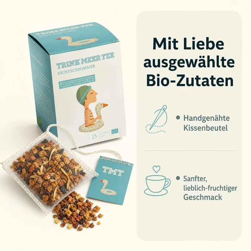 6 x Trink Meer Tee Früchtetee Nichtschwimmer, aromatisiert mit Holunder, Orange und Vanille, handgenähte Kissenbeutel, koffeinfrei, vegan und glutenfrei, zertifiziert, 30 Kissenteebeutel