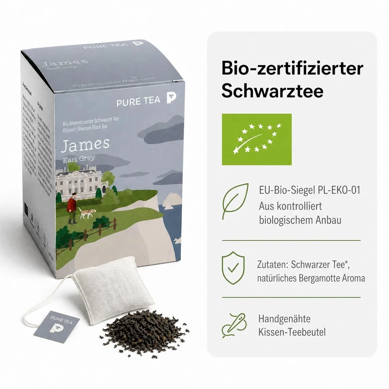 6 x Pure Tea James Earl Grey Teebeutel, Premium-Schwarztee mit Bergamotte, aromatisierter schwarzer Tee im Kissenbeutel, einzeln verpackt in eleganter Dispenserbox, britischer Afternoon-Tea-Genuss