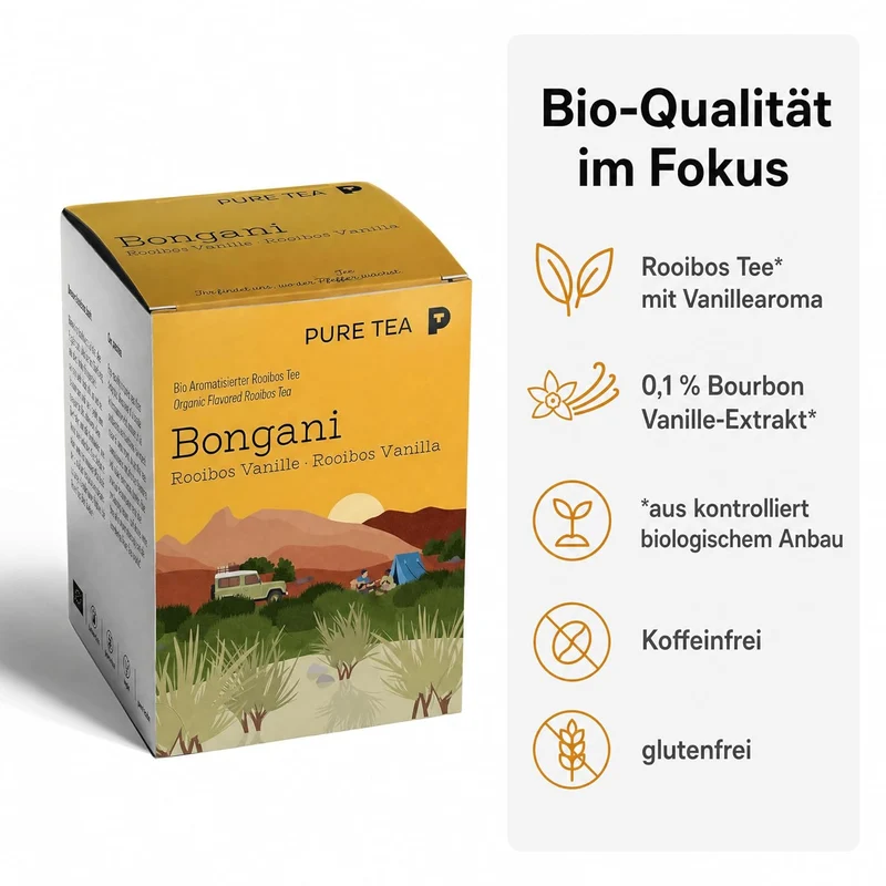 6 x PURE TEA Rooibos Tee Bongani Vanille, aromatisierter Rotbuschtee, 15 Kissenbeutel à 3 g (45 g), koffeinfrei, flache handgenähte Beutel, Dispenserbox 12 × 9 × 9 cm