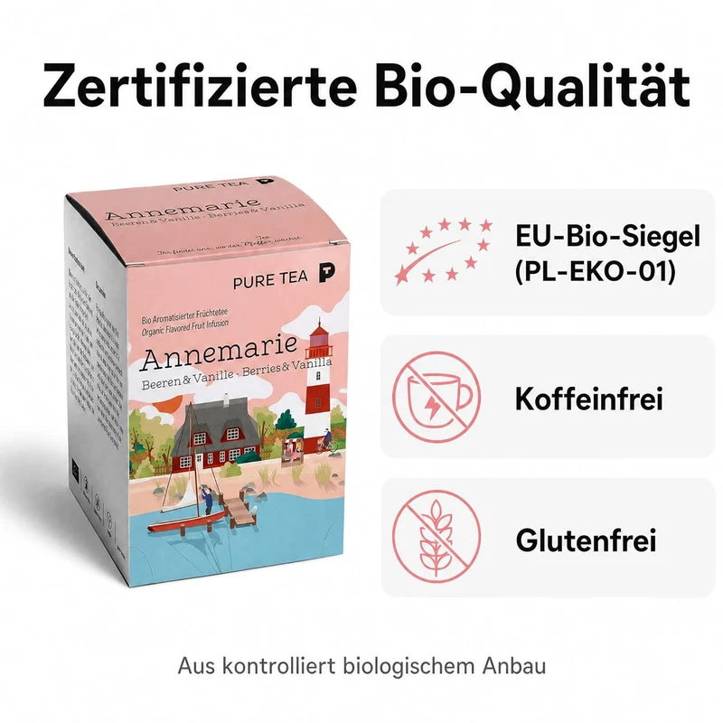 6 x Pure Tea Früchtetee Annemarie Beeren & Vanille, 15 Teebeutel à 3,5 g, aromatisierter Premium-Früchtetee, koffeinfrei & glutenfrei, Dispenserbox