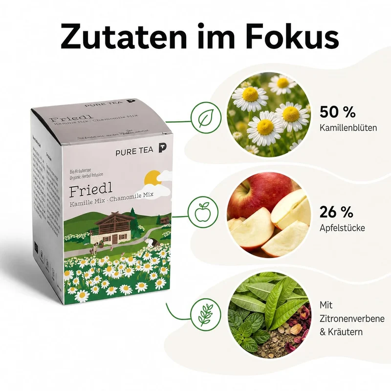 6 x PURE TEA Kamillentee Friedl Kamille Mix, Kräutertee mit 50% Kamillenblüten, Apfelstücken & Zitronenverbene, koffeinfrei und glutenfrei, Kissenbeutel in Dispenserbox