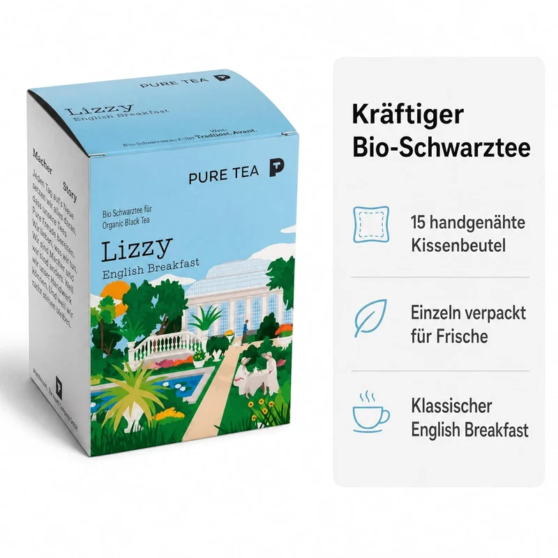 Pure Tea Lizzy English Breakfast Bio-Schwarztee, 15 handgenähte Kissenbeutel à 3g, Organisch, Dispenserbox 12 x 9 x 9 cm = 15 Portionen