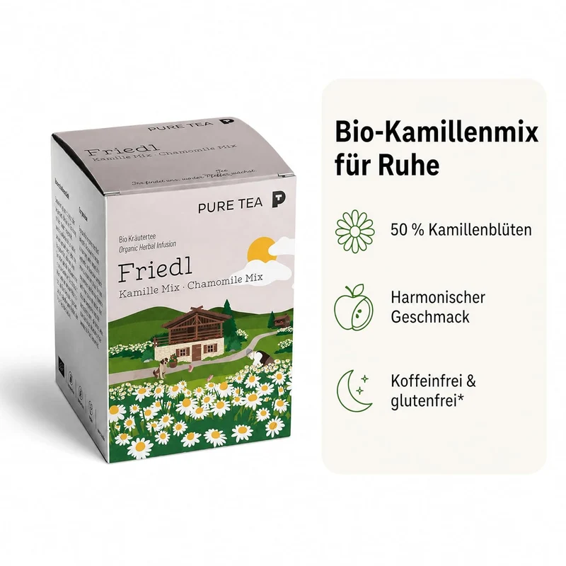2 x PURE TEA Kamillentee Friedl Kamille Mix, Kräutertee mit 50% Kamillenblüten, Apfelstücken & Zitronenverbene, koffeinfrei und glutenfrei, Kissenbeutel in Dispenserbox