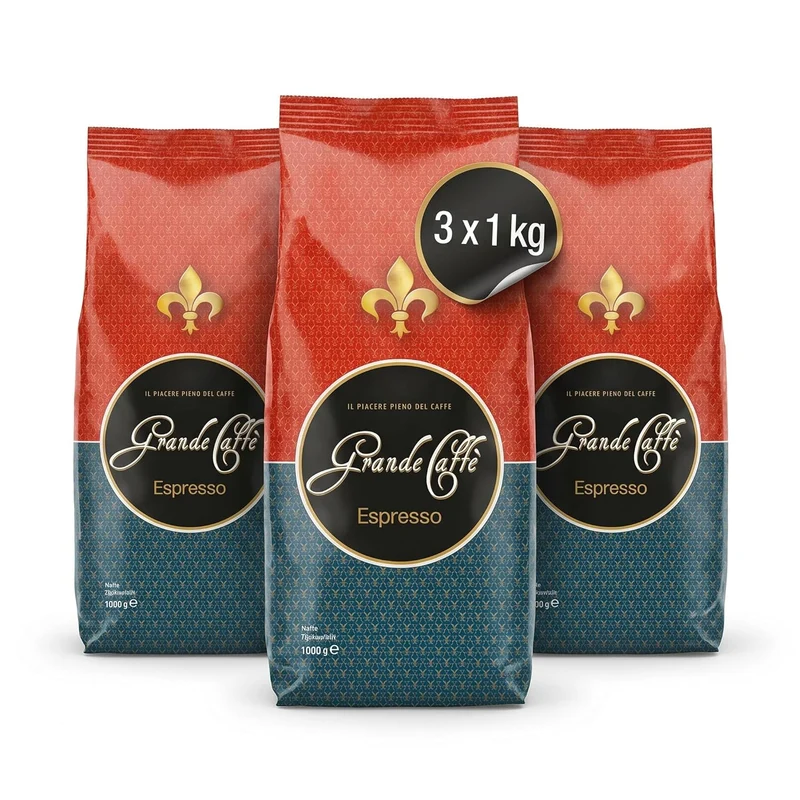 Grande Caffè Kaffeebohnen Espresso, ganze Bohnen 80% Arabica 20% Robusta, würzig-nussiges Aroma, traditionelle Trommelröstung, 3 x 1 kg Kaffee Vorrat, Herkunft Honduras Brasilien Indien