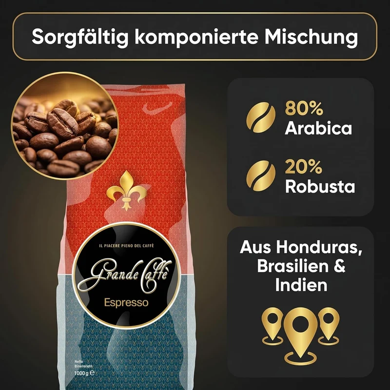 Grande Caffè Espresso Kaffeebohnen, 1000g, 80% Arabica 20% Robusta, Kaffee ganze Bohnen aus Honduras, Brasilien, Indien