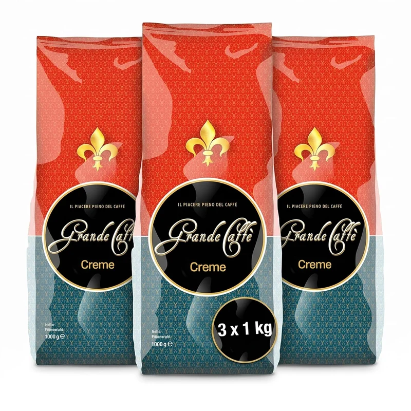 Grande Caffè Kaffeebohnen Kaffee Crema, 90% Arabica 10% Robusta, traditionelle Trommelröstung, ganze Bohnen, 3 x 1 kg, für Vollautomaten und Siebträger, ausgewogener Geschmack mit Honig, Vanille und Mandel
