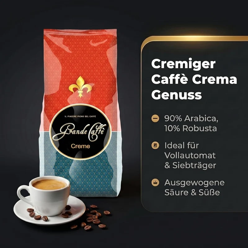 Grande Caffè Kaffeebohnen Kaffee Crema, 90% Arabica 10% Robusta, traditionelle Trommelröstung, ganze Bohnen 1 kg, für Vollautomaten und Siebträger, ausgewogener Geschmack mit Honig, Vanille und Mandel