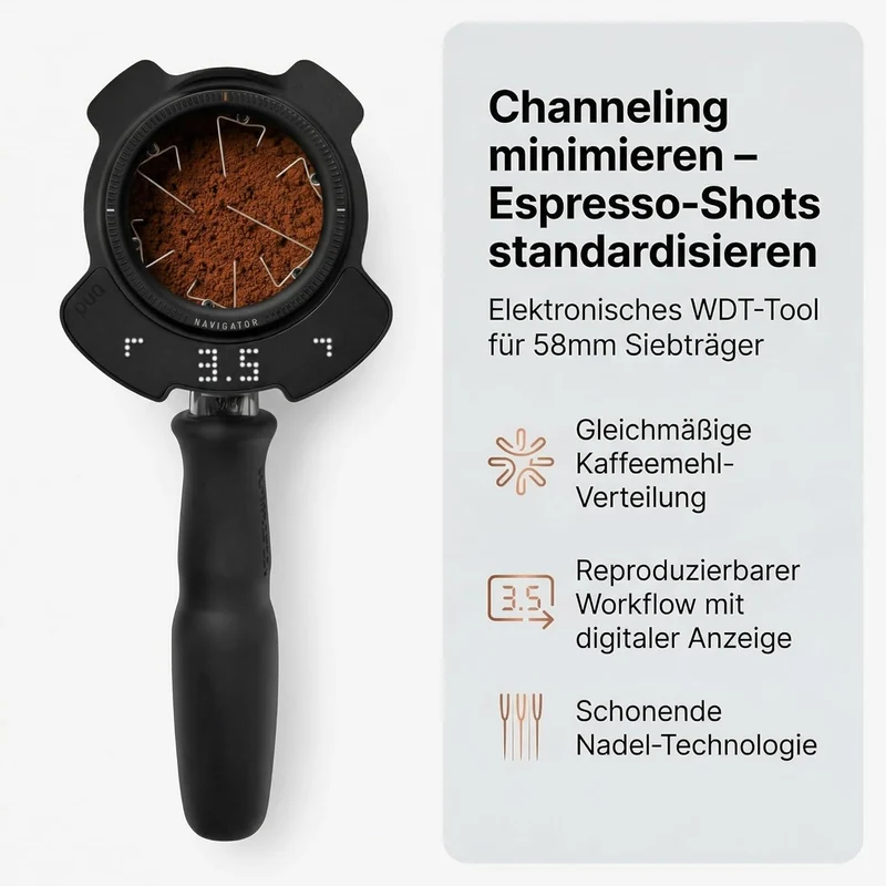 PUQ Navigator Elektronisches WDT-Tool für Espresso, 58mm Siebträger, digitale LED-Anzeige, Schwarz
