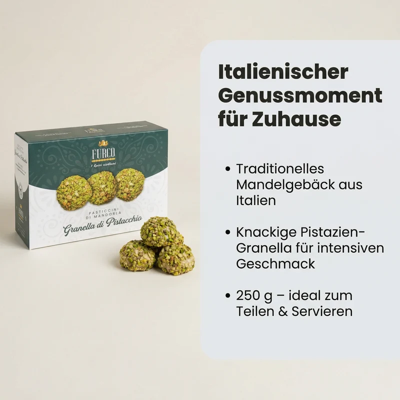FURCO Pasticcini di Mandorla, italienisches Mandelgebäck mit Pistazien-Granella, sizilianisches Mandelgebäck für Espresso & Kaffee, Pistaziengebäck in Box, 250 g