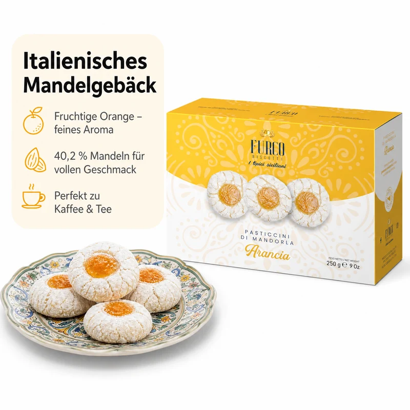 Furco Mandelgebäck Pasticcini di Mandorla Arancia, Italienische Kekse mit Orange, Sizilianisches Gebäck in Geschenkbox, Amarettini, Hergestellt in Italien, 250 g