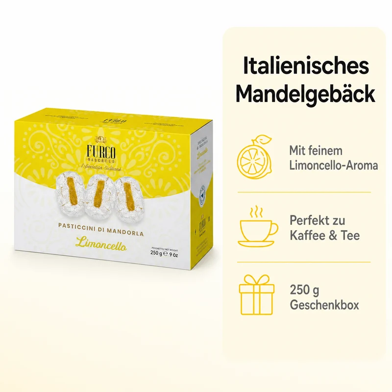 Furco Kekse Pasticcini di Mandorla Limoncello, italienische Mandelgebäck-Spezialität mit Zitrone und Puderzucker, weiches sizilianisches Gebäck in gelb‑weißer Geschenkbox, 250 g