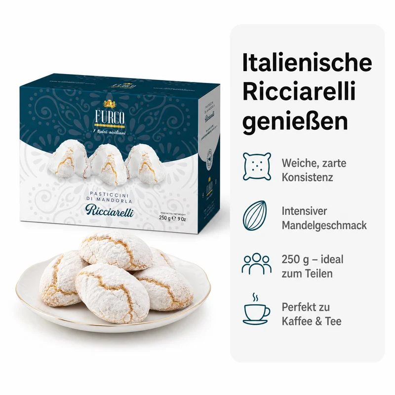 Furco Italienische Kekse Ricciarelli, Mandelgebäck mit Puderzucker, weiche zarte Textur, elegante Geschenkbox, italienisches Gebäck zu Kaffee & Tee, 250 g