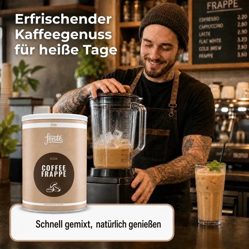 Fonte Veganer Coffee Frappé Mix, handgefertigte Mischung mit medium geröstetem Kaffee aus Brasilien, ohne hydrierte Fette, cremiger Eiskaffee für Mixer, 2 kg Gastro-Vorratspackung 22 x 16cm