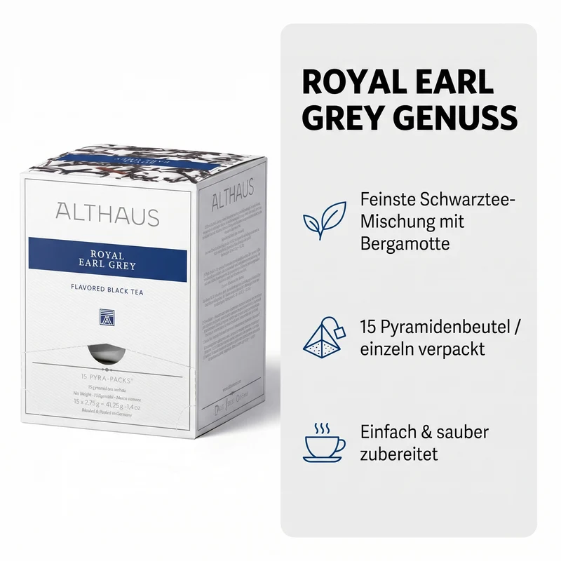 Althaus Earl Grey Teebeutel Royal Earl Grey, aromatisierter Schwarzer Tee mit Bergamotte, Pyramiden-Teebeutel einzeln verpackt, premium Schwarztee, Blended & Packed in Germany, elegante Spenderbox