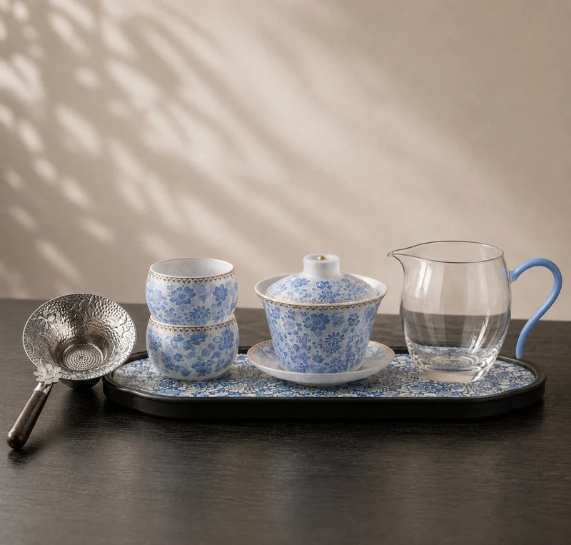 Blaue Blüte – Liuli Gaiwan Komplettes Gongfu-Tee-Set