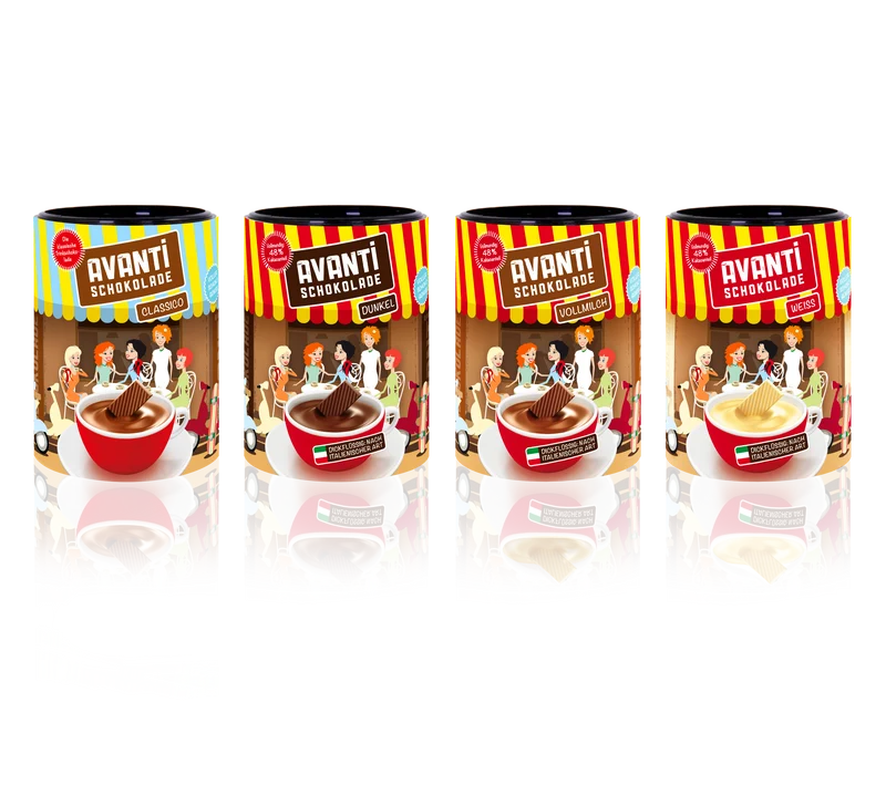 AVANTI Trinkschokolade 4 Dosen Mix a 400g - Weiß, Vollmilch, Dunkel, Classic
