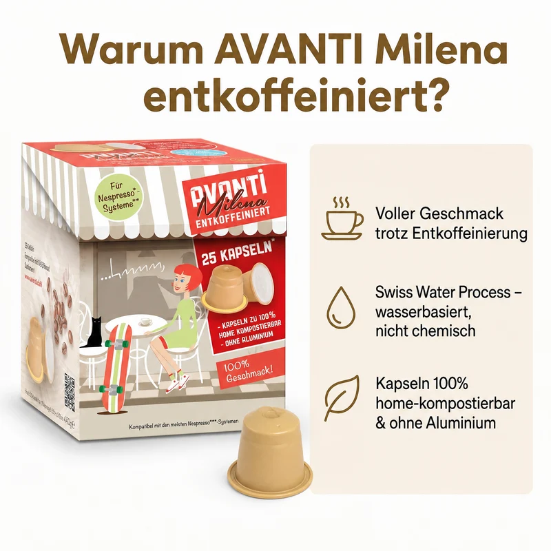 AVANTI Entkoffeinierte Nespresso**-kompatible Kaffeekapseln – Espresso Milena, Swiss Water Process, 100% Arabica, 100% home-kompostierbar & ohne Aluminium, geröstet in der Schweiz, 25 Kapseln