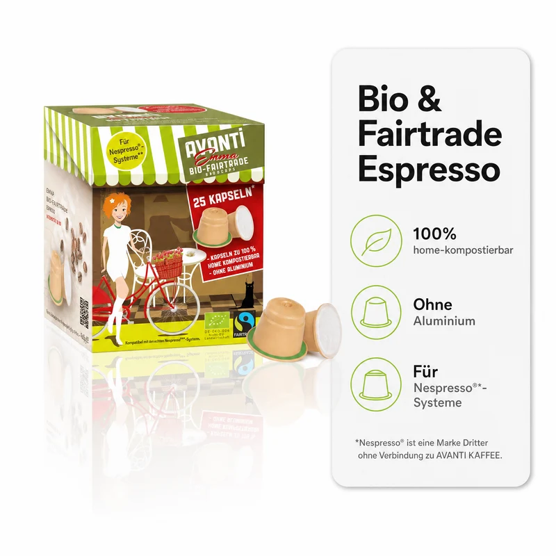 Avanti Kapseln Bio & Fairtrade Espresso EMMA, kompatibel mit Nespresso Kaffeekapseln, kompostierbar & ohne Aluminium, 80% Arabica/20% Robusta, mittel-dunkle Röstung, geröstet in der Schweiz