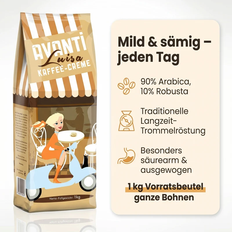 Avanti Kaffeebohnen Luisa Kaffee-Crème, 90% Arabica 10% Robusta, säurearm & mild, traditionelle Trommelröstung, ganze Bohnen Medium Roast, Schweizer Rösthandwerk, 1000 g Beutel