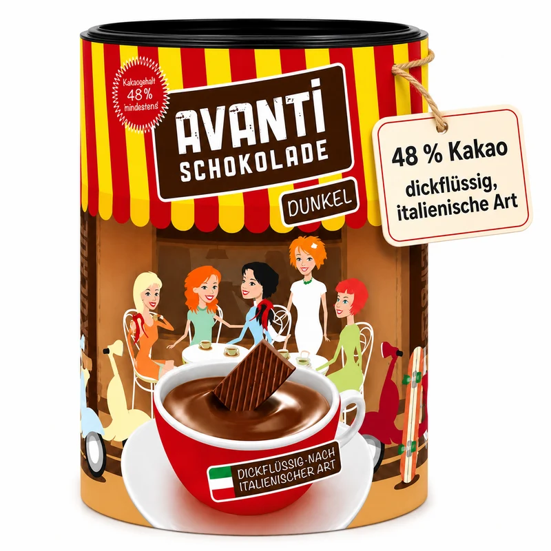 Avanti Trinkschokolade Dunkel, dickflüssig nach ital. Art, 48% Kakao, Cremige heiße Schokolade wie im Café – ohne Emulgatoren, ohne Konservierungsstoffe, 400 g Retro-Dose