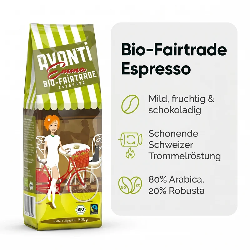 AVANTI Emma Kaffeebohnen, Bio Fairtrade Espresso, ganze Bohnen 500 g, 80% Arabica 20% Robusta, säurearme Langzeit-Trommelröstung (mitteldunkel), Schweizer Röstung und Abfüllung