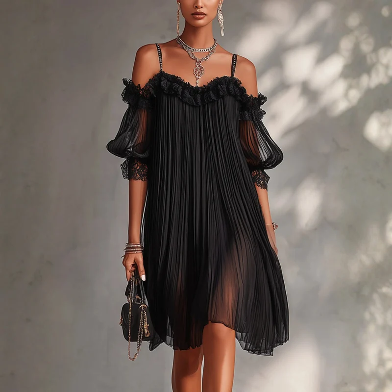 Robe Courte en Mousseline Femme avec Dentelle Élégante