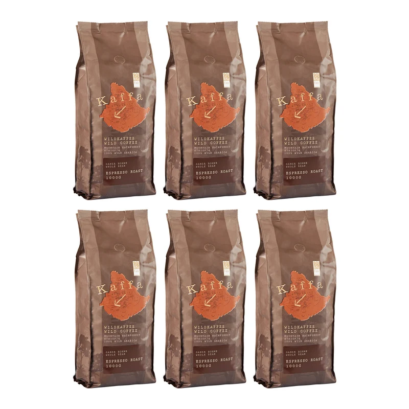 Bio Wildkaffee, Espresso, ganze Bohne von Kaffa, 6 x 1kg Vorteilspack