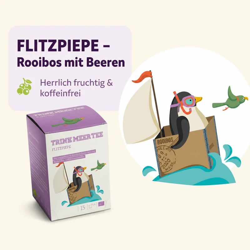 Trink Meer Tee Flitzpiepe, Bio Rooibos Tee, 15 Kissenbeutel, Koffeinfreier Premium Früchtetee mit Holunder und Johannisbeere – vegan, glutenfrei, laktosefrei, für jeden Moment