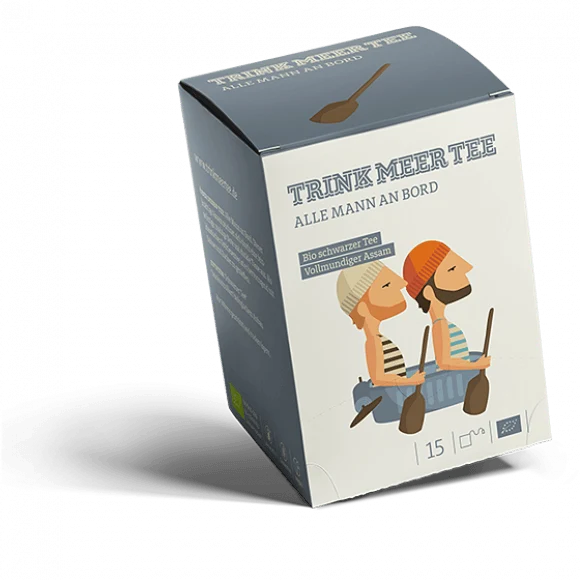 Trink Meer Tee Bio Schwarzer Tee, Alle Mann an Bord, Assam Tee hocharomatisch malzig-feinwürzig, Packung mit 15 handgenähten Kissenbeuteln à 3 g, 45 g, maritimes Geschenk