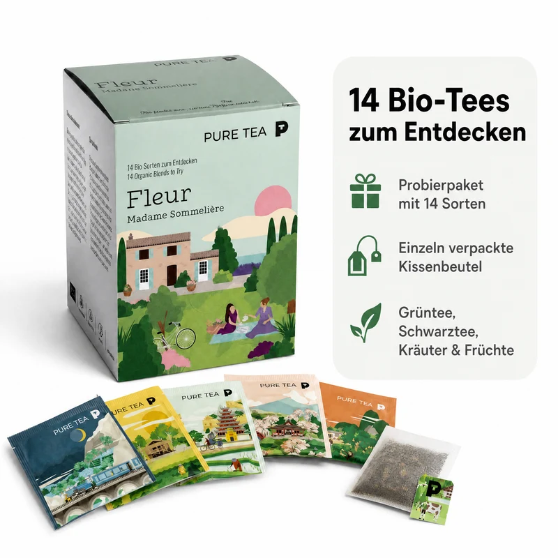 Pure Tea Bio Tee Geschenkset FLEUR Auswahlbox, Premium Tee Set als Probierbox mit Grüntee, Schwarztee, Kräutertee und Früchtetee, handgenähte Kissen-Teebeutel, einzeln verpackt, geschenkfähige Box