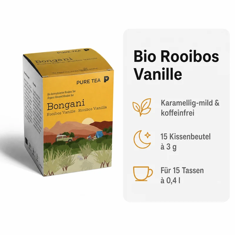 PURE TEA Rooibos Tee Bongani Vanille, aromatisierter Rotbuschtee, Bio, 15 Kissenbeutel à 3 g (45 g), koffeinfrei, flache handgenähte Beutel, Dispenserbox 12 × 9 × 9 cm